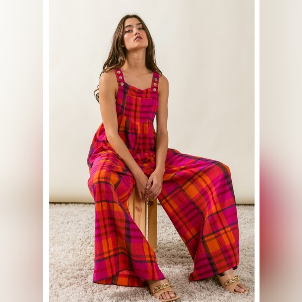 Vintage plaid wide leg jumpsuits